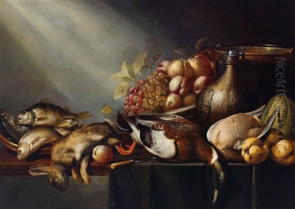 A Still Life With Game Including Wildfowl With Fish And Fruit by Harmen Steenwyck