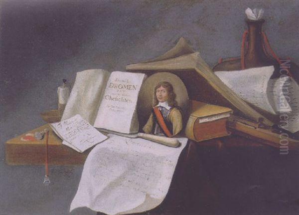 A Vanitas Still Life With Books, Documents, A Portrait Miniature And Other Objects On A Draped Ledge by Pieter van Steenwyck