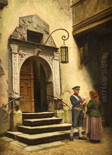 Vor Dem Historischen Portal Eines Offentlichen Gebaudes Liest Ein Beamter Einer Frau Offenbar Ein Schriftstuck Vor by Eduard Steffen