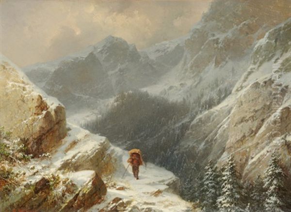 Zwei Saumganger In Winterlicher Gebirgslandschaft by Anton Victor Steinach