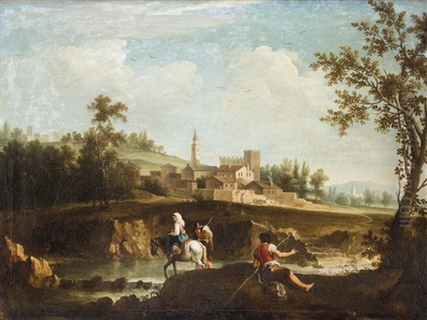 Idealisierte Sudlandische Flusslandschaft Mit Dorf by Joseph Stephan