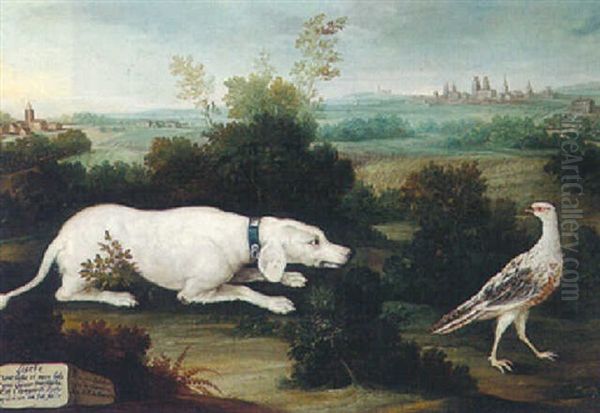 An Open Landscape With A Dog Stalking A White Pheasant, A Bavarian City Beyond by Joseph Stephan