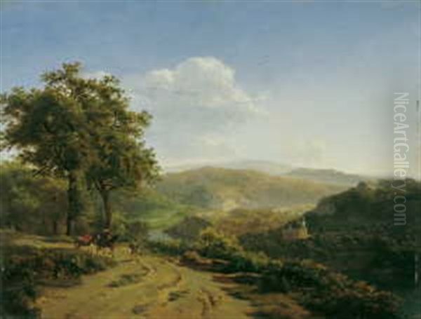 Mittelgebirgslandschaft Mit Reiter Und Wanderer by Ludwig Philipp Strack