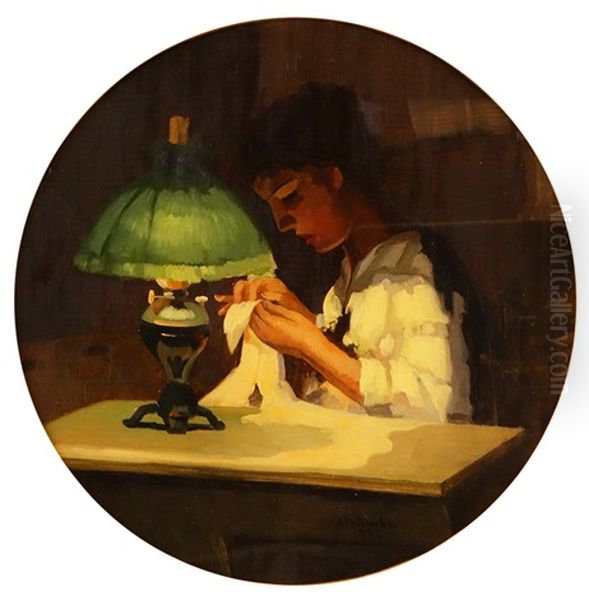 Sewing At The Light Of The Lamp by Ipolit Strambulescu (Strambu)