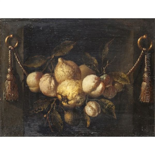 A Still Life Of Lemons, Peaches And Grapes In A Niche With Swags by Juriaen van Streeck