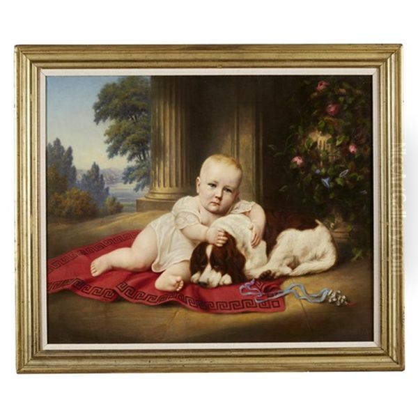 Portrait Of Child And Dog In Classical Setting by Robert Street