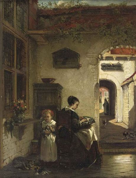 Mother And Daughter In The Courtyard by Johannes Antoine Balthasar Stroebel