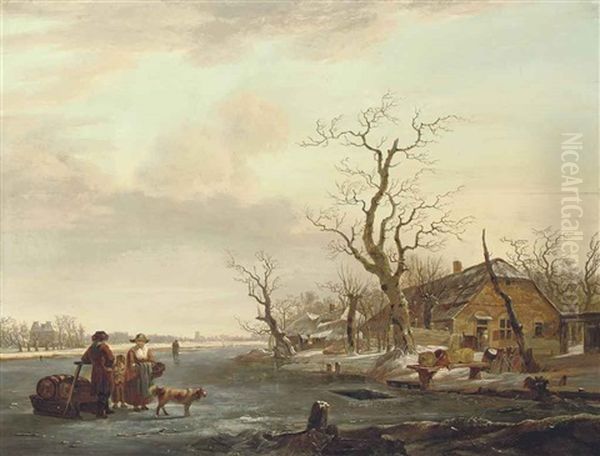 A View Of Dordrecht, With Figures And A Dog On The Frozen Devel River, The Grote Kerk Beyond by Jacob Van Stry