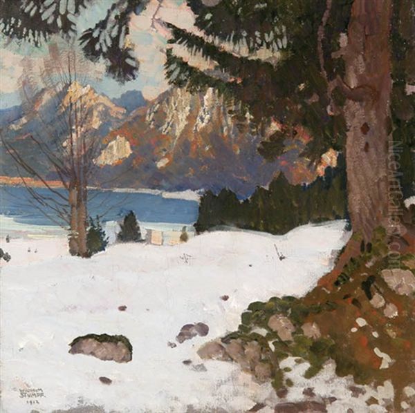 A Winter Lakeside Landscape by Wilhelm Stumpf