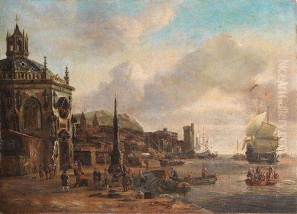 A Harbour With Figures Loading Barges In The Foreground, Shipping At Anchor Beyond by Johannes Sturckenburgh