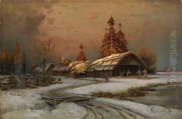 Village Scene In Winter by Petr Alexanderovich Sukhodol'sky