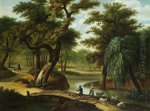 A Drover In A Wooded Landscape With A Hunting Scene Beyond;  And Drovers Crossing A Bridge With A Huntsman In The Distance (pair) by Frans Swagers