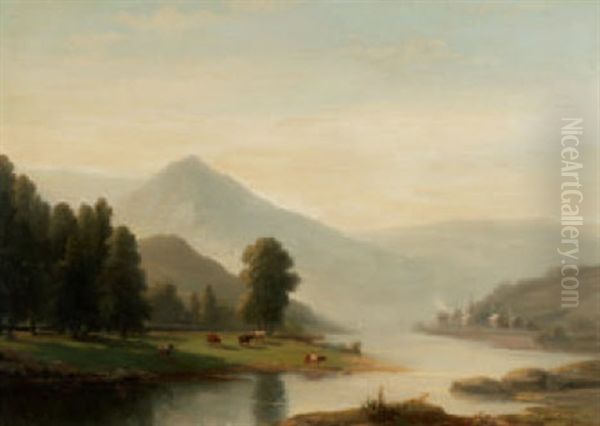 Flusslandschaft Mit Kuhen Und Blick Auf Ein Dorf by Cristianus Hendricus de Swart