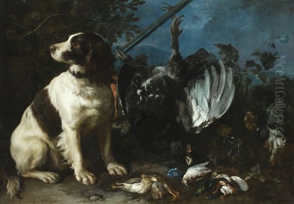 Still Life With Hunting Trophies And A Young Dog by Franz Werner von Tamm