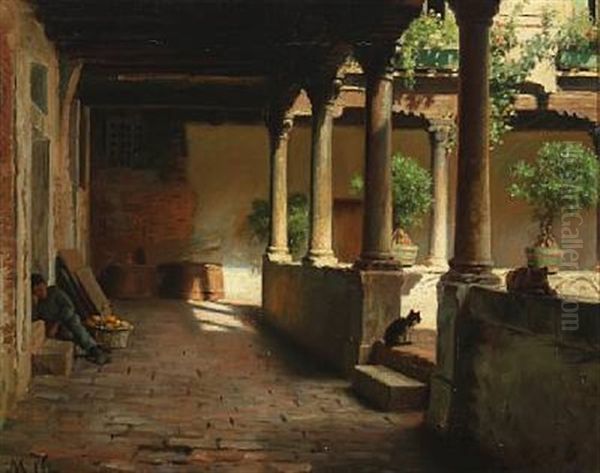 Scenery From An Italian Convent Courtyard On A Sunny Day by Hans Michael Therkildsen