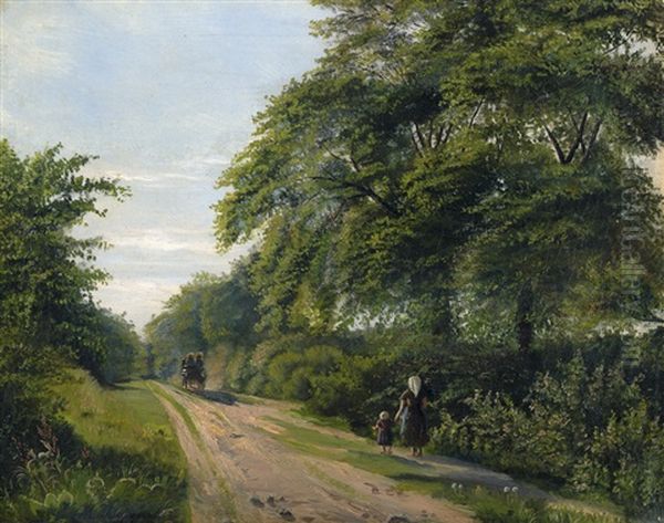 Feldweg Mit Kutsche In Sommerlicher Landschaft Bei Lyngby In Danemark by Maria Elise Thornam