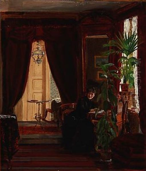 Interior With A Woman Writing Letters by Christian (Jens C.) Thorrestrup