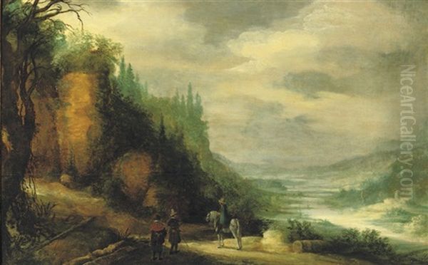 A Rocky River Landscape With Travellers On A Track by Jan Tilens