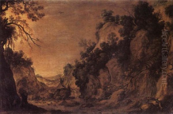 A Rocky Landscape With Ducks, Kingfishers, A Heron And Other Birds By A Stream, With Goats On An Outcrop Beyond by Jan Tilens