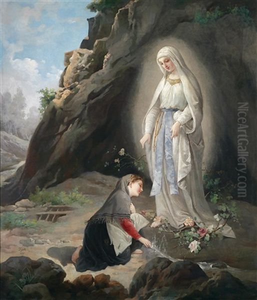 Anbetung Der Marienstatue In Der Grotte Von Massabielle Bei Lourdes by Virgilio Tojetti