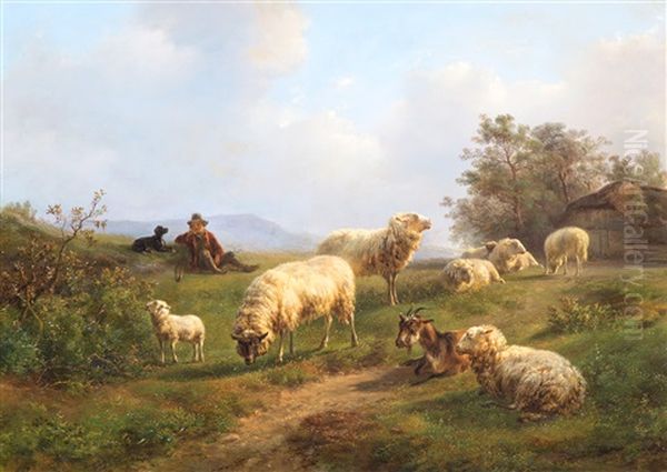 A Young Shepherd And His Flock Resting by Jan Bedijs Tom