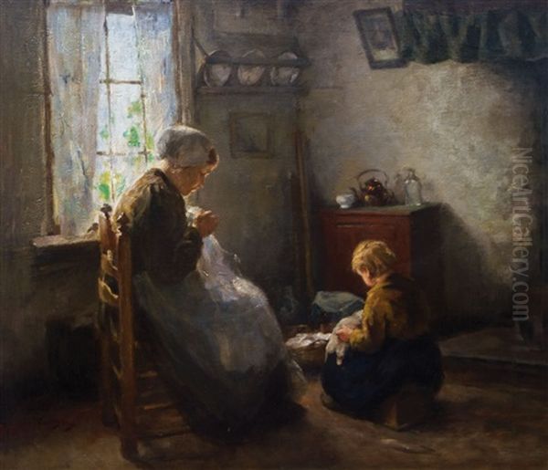 Interieur Mit Mutter Und Kind Beim Naharbeiten by Lammert Van Der Tonge