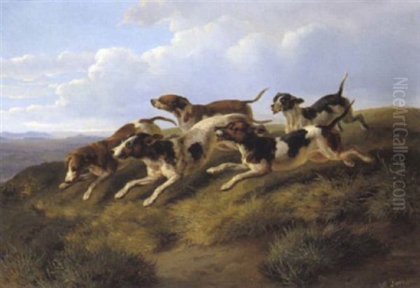 Jagende Hunde In Einer Gebirgslandschaft by Karl Wilhelm Tornau