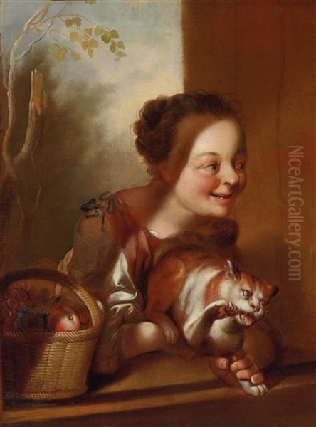 Ein Madchen Mit Katze Und Hund Bzw. Ein Knabe Mit Hund (pair) by Nicolaus Treu