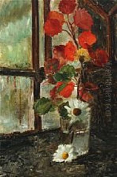 Still Life With Flowers In Glass Vase By A Window by Nicoline Tuxen