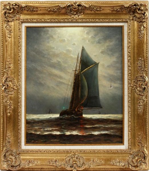 Sailing Ship @ Depicting A Sailing Ship In Moonlight by James Gale Tyler