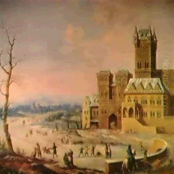 Schlittschuhlaufer, Pferdeschlitten Und Ein Reiter          In Einer Winterlandschaft Mit Einem Schlob by Johann Philipp Ulbricht