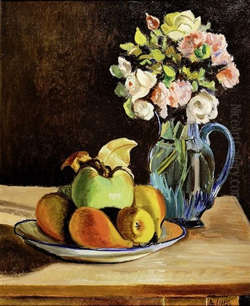 Composition Au Bouquet De Fleurs Et Plat De Fruits by Andre Utter