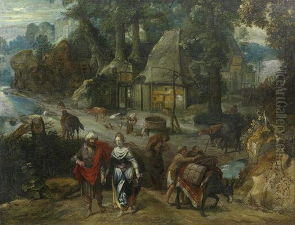 A Hamlet In A Wooded Clearing With Jacob And Rachel, Livestock At A Well Beyond by Marten van Valkenborch the Elder