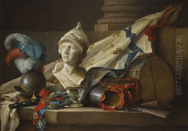 A Bust Of Minerva, Armour, Muskets, A Drum, A Standard, The Baton Of Command Of A Marechal De France, A Laurel Wreath And The Orders Of Saint-louis And Of The Saint-esprit, All On A Stone Ledge by Anne Vallayer-Coster