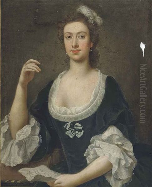 Portrait Of A Lady, Half-length, In A Blue Dress With Lace Trim, Her Right Arm Resting On A Keyboard And A Musical Score In Her Right Hand by John Vanderbank the Younger