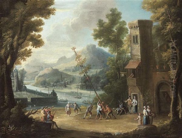 The Raising Of The Maypole Outside A City Gate Near A River by Dominique Joseph Vanderburch