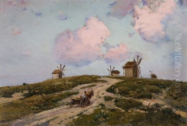 Landscape With Windmills And Horse Drawn Cart by Sergei Ivanovich Vasil'kovsky