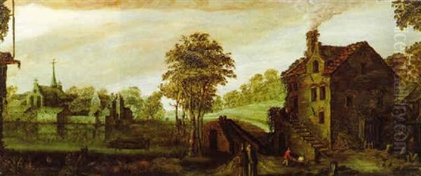 Bewaldete Landschaft Mit Einer Muehle, Bauernhaus Und Einem Kloster An Einem Wasserlauf by Jan van de Velde II