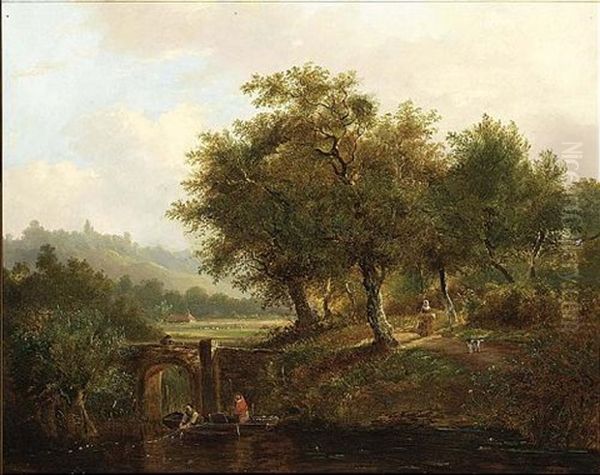 Fishermen Pulling Up A Net Near A Bridge In A Hilly Landscape by Johan Diderik Cornelis Veltens