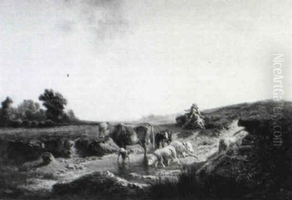 Herds With Cattle In A Summer Landscape by Johan Diderik Cornelis Veltens