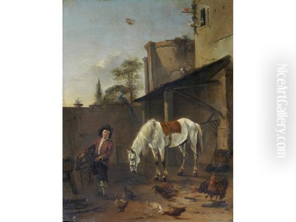 A Stable Boy Saddling A Grey Horse by Pieter Cornelius Verbeeck