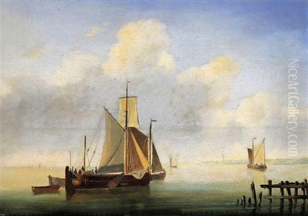 Boats On Calm Waters Off The Coast by Louis Charles Verboeckhoven