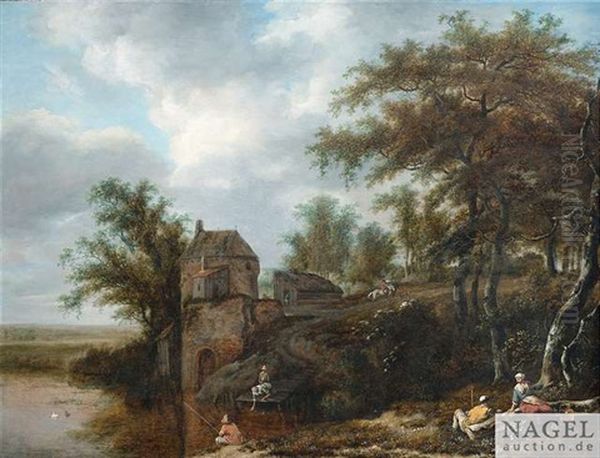 Baumreiche Landschaft Mit Gehoft An Einem Weiher, Im Vordergrund Rastende Und Angler by Adriaen Hendricksz. Verboom