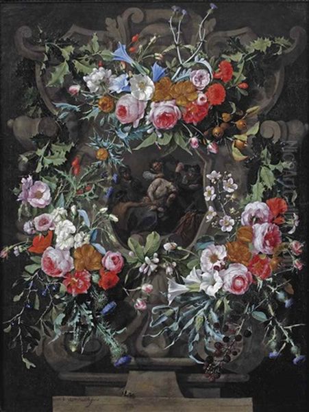 The Mocking Of Christ Surrounded By A Sculpted Cartouche With A Garland Of Holly, Thistles, Morning Glory, And Other Flowers On A Stone Ledge by Gaspar Pieter Verbrueggen the Elder