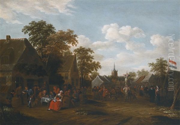 Outdoor Market Scene With Figures Eating And Drinking Outside An Inn, A Pair Of Figures Performing by Rutger Verburgh