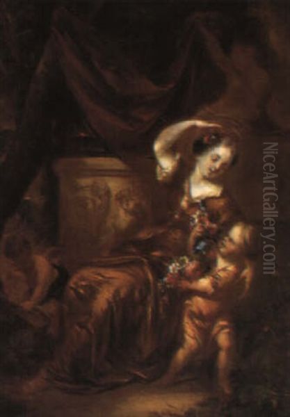 Lady With Garlands, A Putto And Cupid by Arnold (Le Libertin) Verbuys