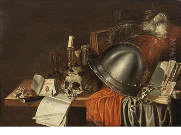 A Plumed Helmet, A Skull With Shells, A Candle And An Hourglass With Other Objects On A Draped Table by Adriaen Verdoel