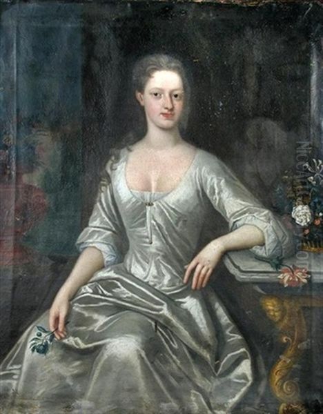 Lady Henrietta Churchill, Later 2nd Duchess Of Marlborough And Countess Of Godolphin, Wearing A Silver Dress, And Holding Flowers In Her Hand by John Verelst