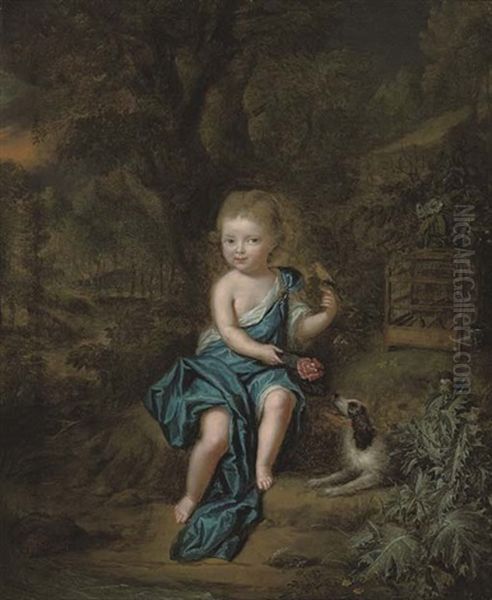 Portrait Of A Young Boy In A Blue Mantle Fastened At His Shoulder With A Jewel, A Canary Perched On His Left Hand, A Spaniel At His Side by Mattheus Verheyden