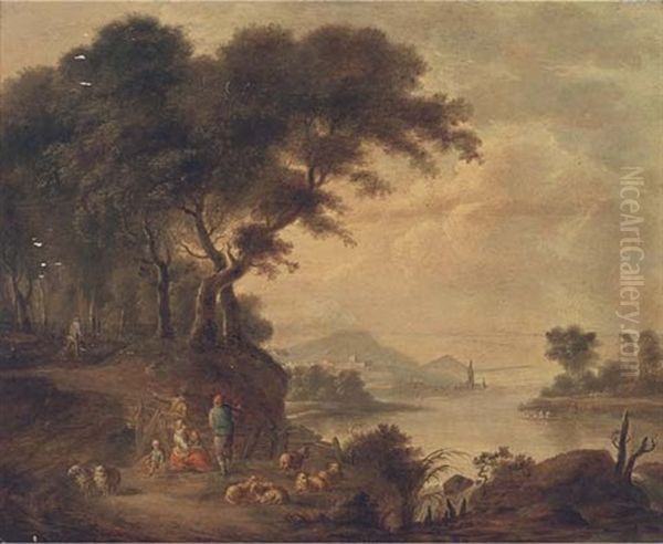 A Wooded River Landscape With Figures And Sheep, A Town Beyond by Antonie Pierre Verhulst